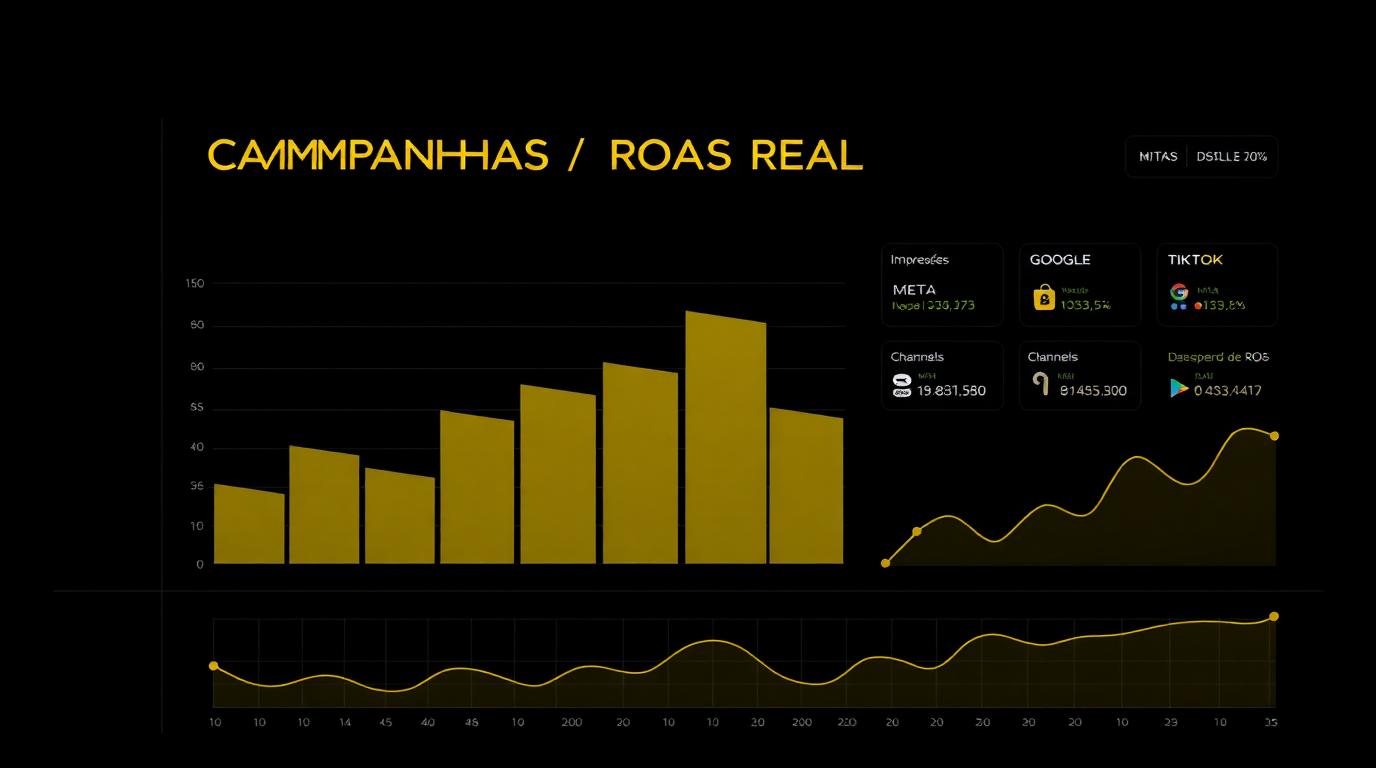 Central de Campanhas, performance de mídia paga conectada ao CRM, ROAS real e funil de conversão