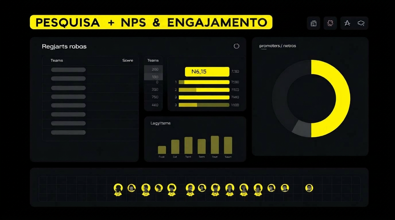 Central de Pesquisa, NPS, engajamento por equipe e gamificação com leaderboard, relatório por cadeira executiva
